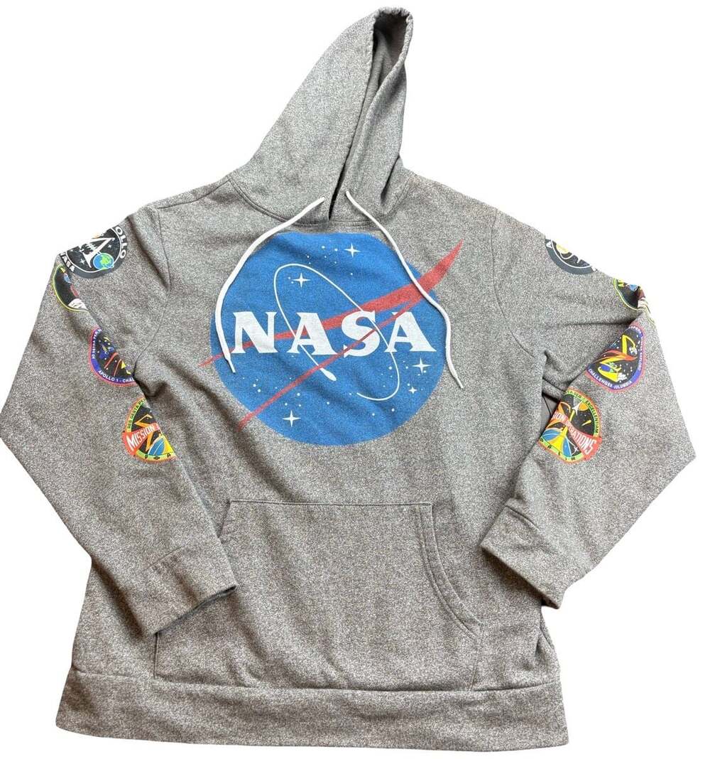 Buzz Aldrin NASA Apollo Men’s Medium Gray Hoodie Mission Patch Space Sweatshirt